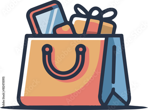 Shopping Bag Full with Gifts Flat Vector Icon Design with Dark Blue Outline Isolated on Transparent Background vector illustration 
