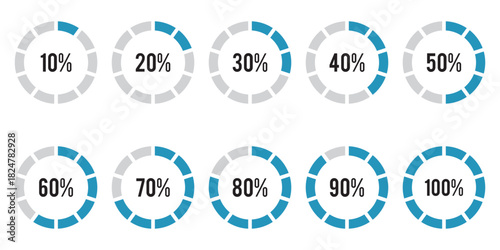 Loading indicator. Progress bar. Percentage meter. User interface. Loading symbol. Download process. Circle icons set. Vector illustration.