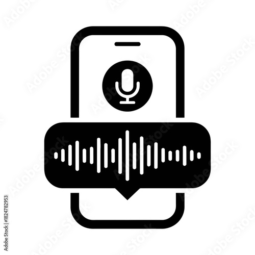 Voice assistant mobile phone icon with microphone and audio waveform in speech bubble, representing smart communication and sound recognition tech.