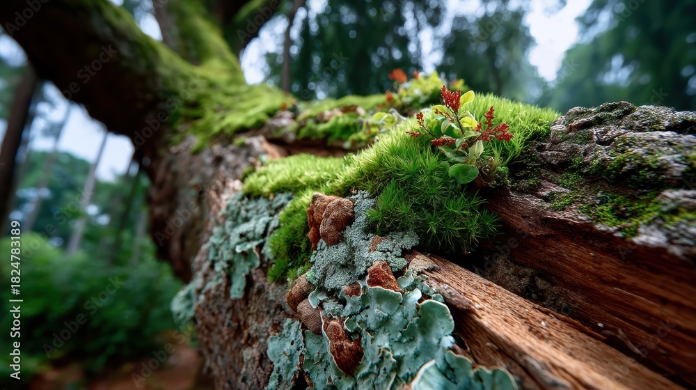 Obraz premium Soft moss has colonized the intricate texture of this tree bark, creating a natural mosaic on the forest floor. The macro detail reveals the delicate balance between nature's beauty and decay.