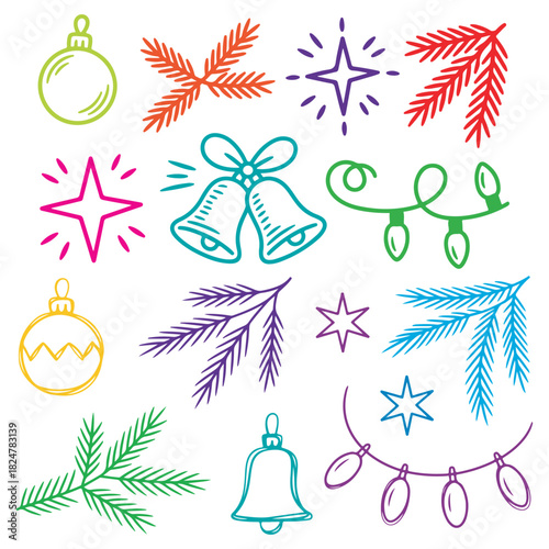 Colorful christmas doodles featuring ornaments branches stars and festive bells