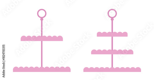 Set of pink tiered cake stand flat vector illustration.
Empty dessert or fruit tiered stand clipart.
Cupcake Stand.
Dessert Stand.
Tea Party.
White background.