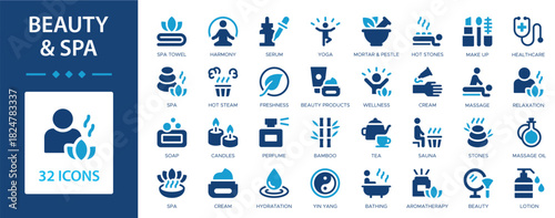 Beauty and Spa flat icons collection. Yoga, massage, aromatherapy, sauna, healthcare, make up, relaxation sign set.