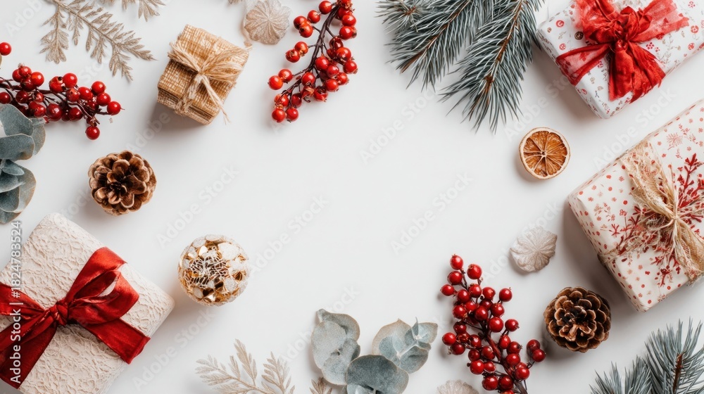 Obraz premium Christmas and New Year holiday background with gifts on white background, flat lay