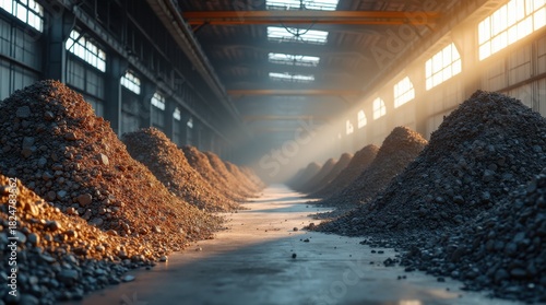 Piles of rare earth elements and metallic ores in industrial warehouse, raw materials for tech, electronics, renewable energy