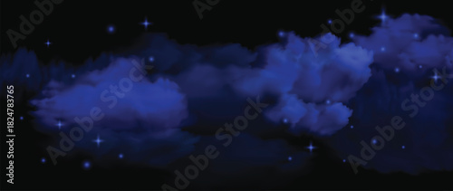 Blue realistic night sky nebula smoke effect background. Abstract foggy texture with shining stars