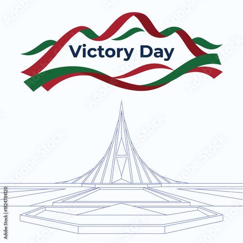 Victory day celebration graphic with a monument and festive ribbons illustration