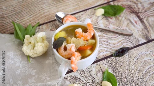 Hot Shrimp and Vegetable Soup in a White Mug