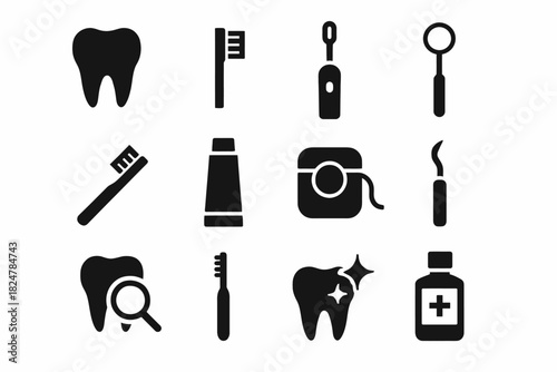 Dental care icons set: toothbrush, toothpaste, floss, and mouthwash symbols