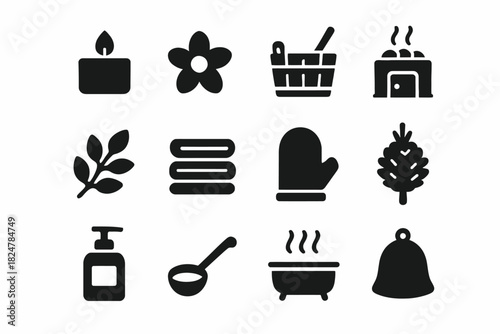 Spa and sauna icons: candle, flower, basket, oven, leaves, towels, mitt, pinecone, soap, ladle, bathtub, bell