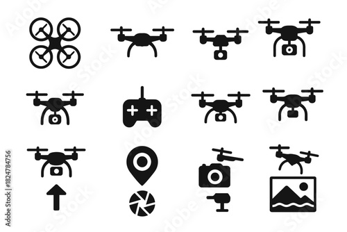 Drone icon set: quadcopter, camera, gps, controller symbols in black