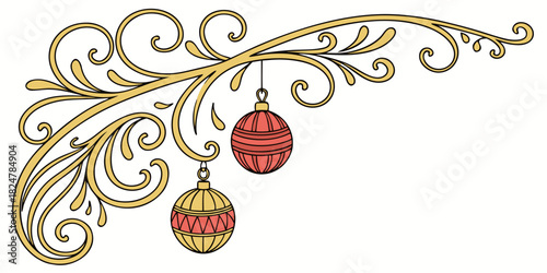 Ornate Christmas vector corner design with bold swirls, a gilded leafy branch, and striped holiday baubles.