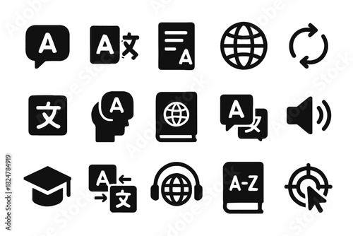 Black language icon set: translation, communication, global, audio, education symbols