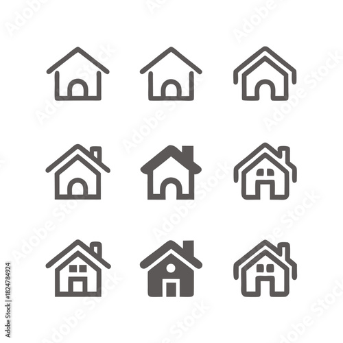 Stylized dark house showcases windows, door, chimney, and unique roof design on white background