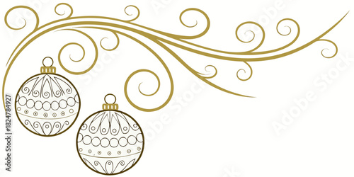 Decorative swirling brown vector scroll with two hanging white Christmas baubles featuring intricate patterns.