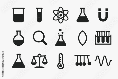 Scientific icons: beaker, atom, test tube, magnifying glass, magnet, flask, scale, pendulum
