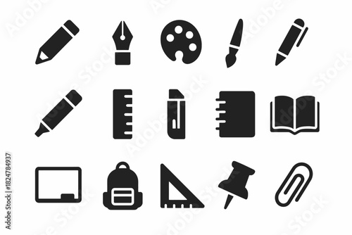 Black silhouette icons of art and school supplies including pencil, ruler, brush, and book