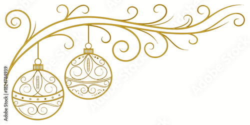 Elegant Christmas vector ornament with hanging swirl baubles and delicate golden filigree