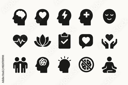 Mental health icons: mind, heart, meditation, wellness, positivity, conversation
