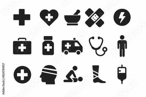 Medical icons set featuring cross, heart, ambulance, and stethoscope