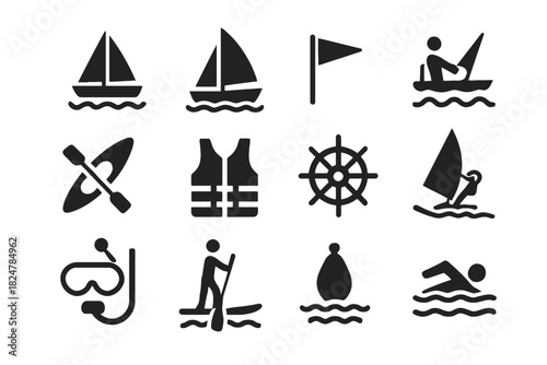 Water sports icons: sailing, kayaking, swimming, snorkeling, paddle boarding