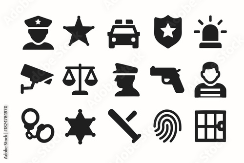Collection of law enforcement icons including police, badge, handcuffs, and more
