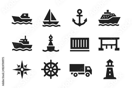 Nautical and transportation icons set featuring boats, anchor, lighthouse, and more