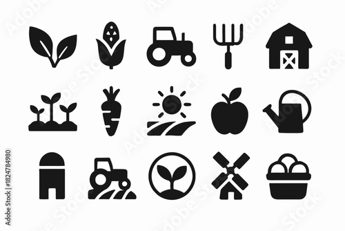 Black silhouette icons of farming equipment and harvest elements