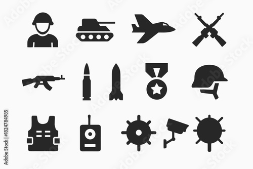 Military icons: soldier, tank, jet, weapons, and equipment