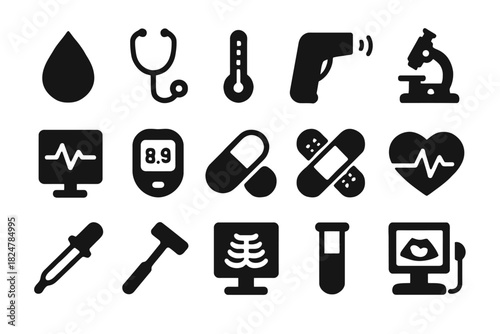 Medical icon set: tools, devices, symbols for healthcare and diagnostics