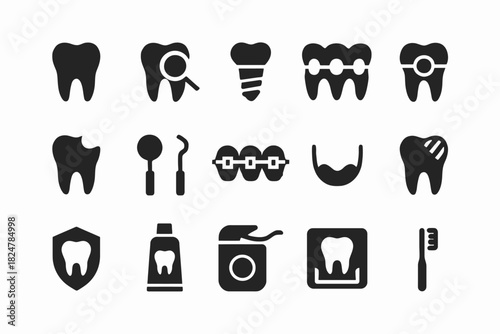 Dental icons set: teeth, tools, braces, implant, toothpaste, floss, toothbrush
