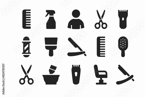 Barber shop tools icons set: combs, scissors, razors, brushes