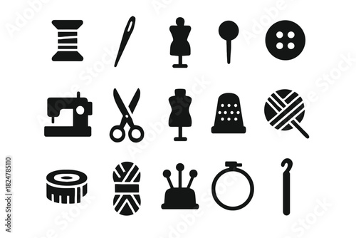 Collection of sewing and knitting icons: tools, accessories, and equipment silhouettes