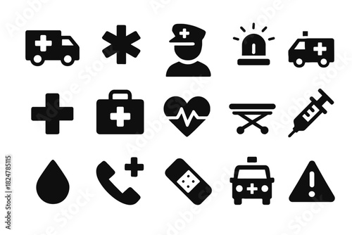 Emergency medical icons set including ambulance and first aid symbols