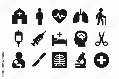 Medical icons set: hospital, patient, heart, lungs, syringe, microscope