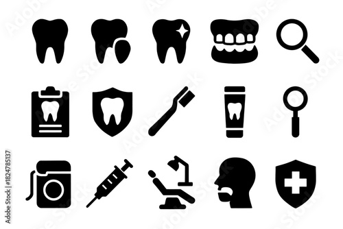 Dental icons: tooth, dental care tools, oral hygiene symbols