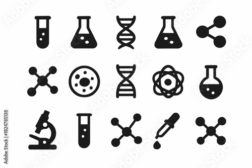 Science equipment icons featuring dna, molecules, microscope, and beakers