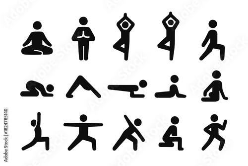 Yoga pose icons set: diverse silhouette illustrations for exercise and fitness