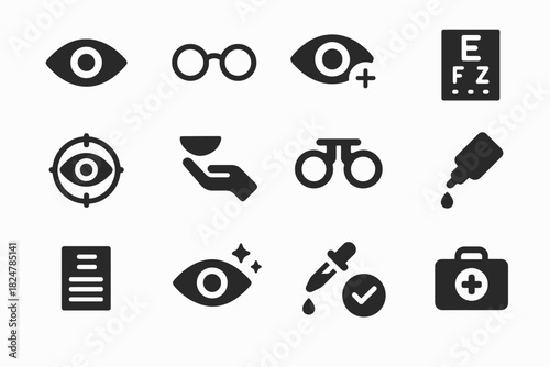 Eye care icons set including glasses, eye exam, contact lens, and eye drops