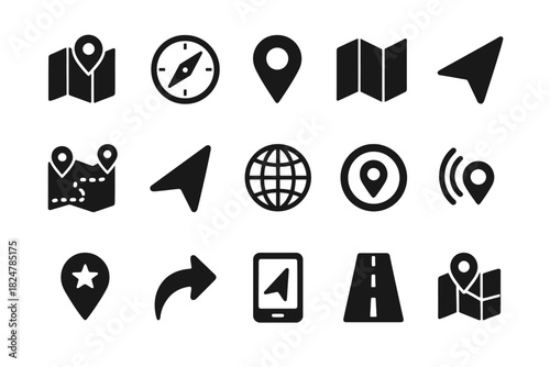 Navigation and location icons set: maps, compass, gps, directions, globe