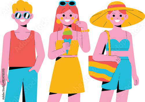 Three fashionable people pose in summer clothes wearing sunglasses and hats eating ice cream on a sunny day colorful illustration