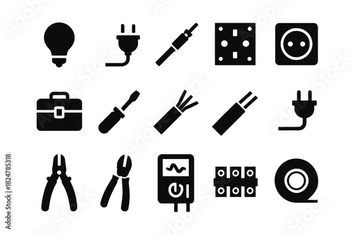 Electrical tools and symbols: light bulb, plugs, wires, and more in icon set