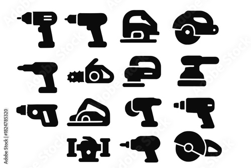 Collection of black silhouettes of various power tools