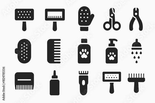 Essential pet grooming tools and hygiene products icons