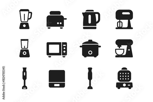 Kitchen appliance icons: blender, toaster, kettle, mixer, microwave, slow cooker, waffle maker