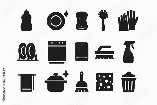Kitchen cleaning icons set: dishes, detergent, sponge, brush, gloves, dishwasher, bin
