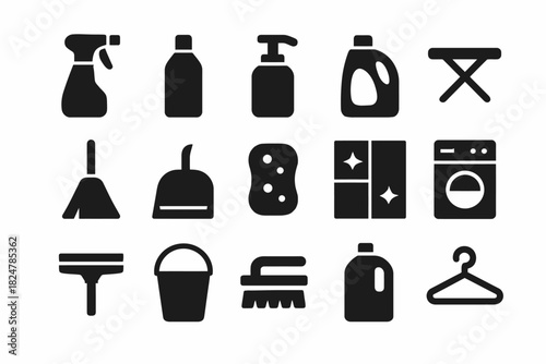 Black icons set: household cleaning tools and laundry essentials