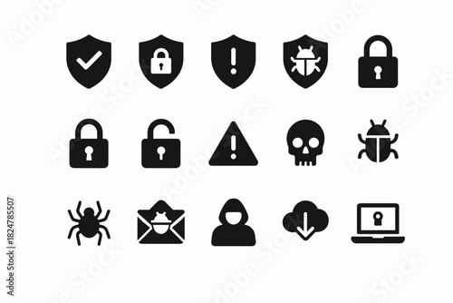 Cybersecurity icons: locks, shields, alerts, and bugs for digital security