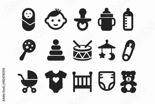 Collection of baby icons: toys, accessories, and essentials in black silhouette