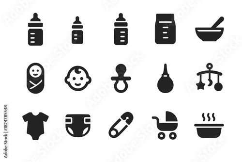 Baby care icons set featuring bottles, diaper, pacifier, stroller, and toys